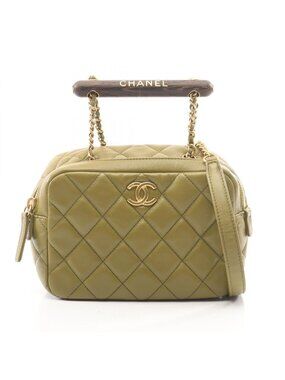 Chanel Shoulder Bag Quilted Mini Bow 2-Way Khaki Lambskin Wood Handle